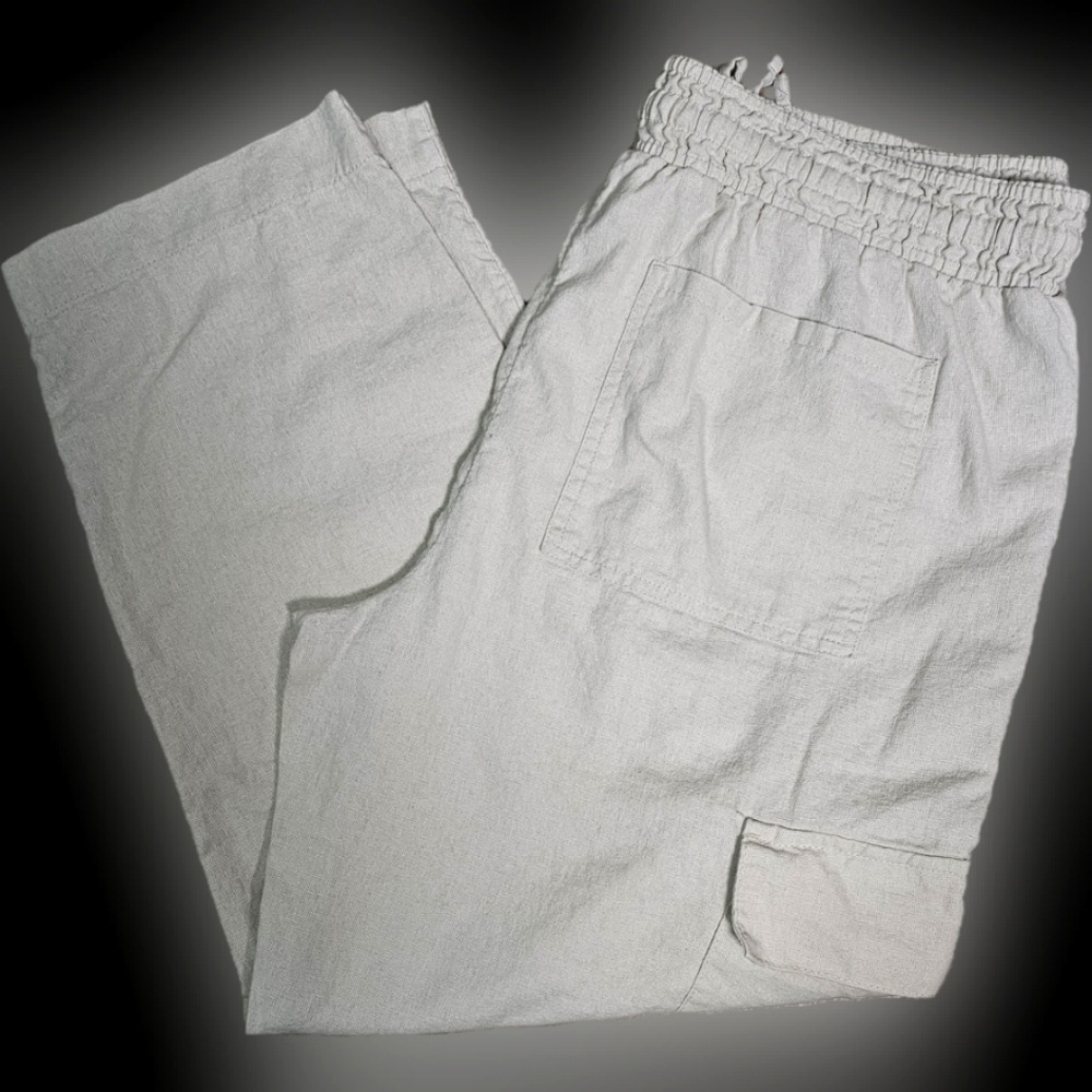 Linen Wide Leg Cargo Pants by Time & True Elastic and Drawstring Oatmeal Color L - Picture 3 of 10